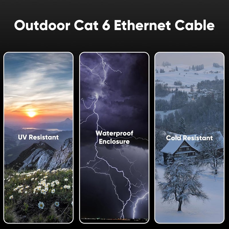 VOIETOLT كابل إيثرنت خارجي Cat 6 بطول 100 قدم، 24AWG بسرعة 10Gbps، كابل Cat6 مقاوم للماء للدفن المباشر بغطاء LLDPE UV، كابل شبكة إنترنت مع 20 رباط يدعم POE Cat6 Cat5e Cat5، CCA، UTP لجهاز الكمبيوتر - Image 2
